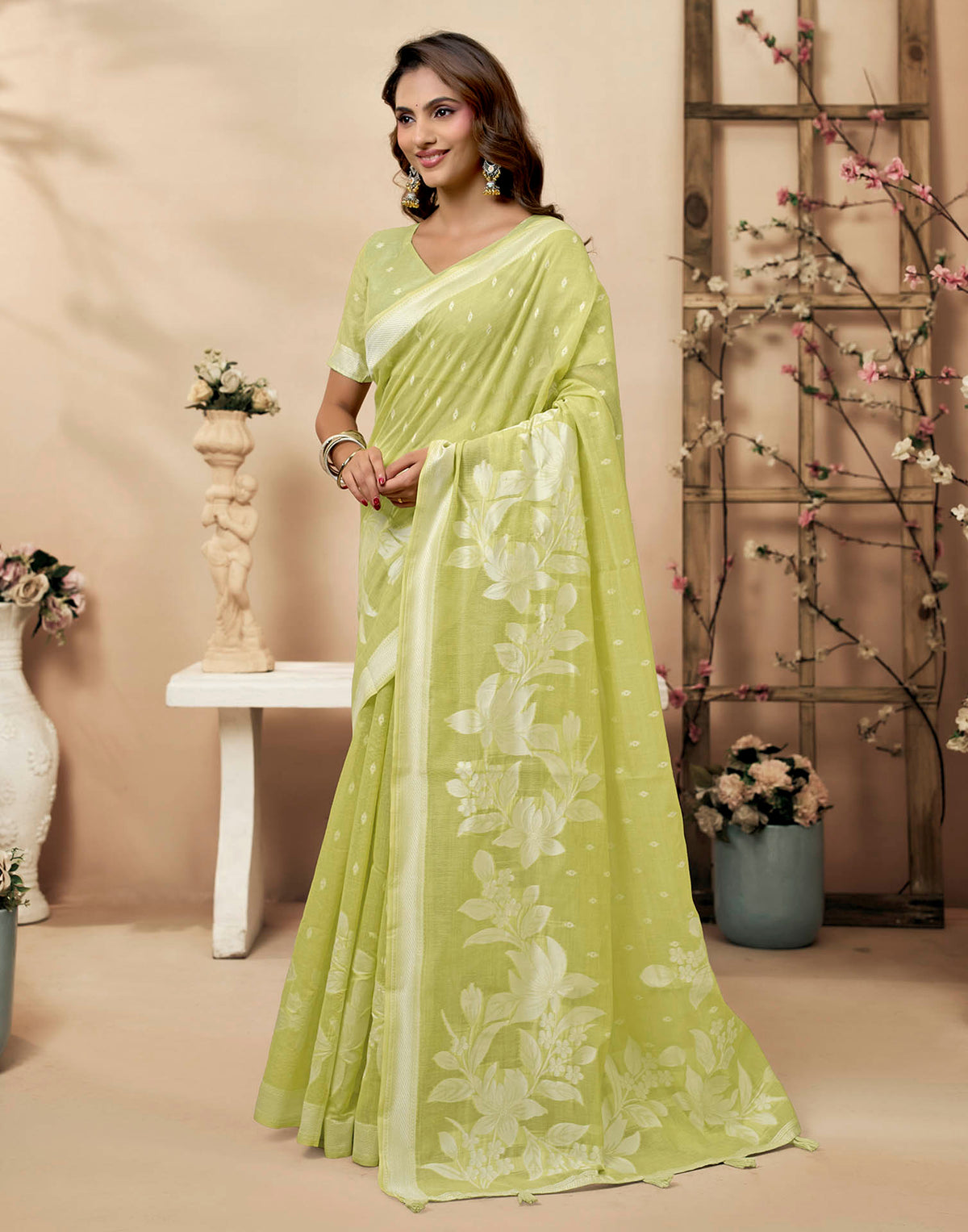 Light Green Cotton Woven Floral Printed Saree