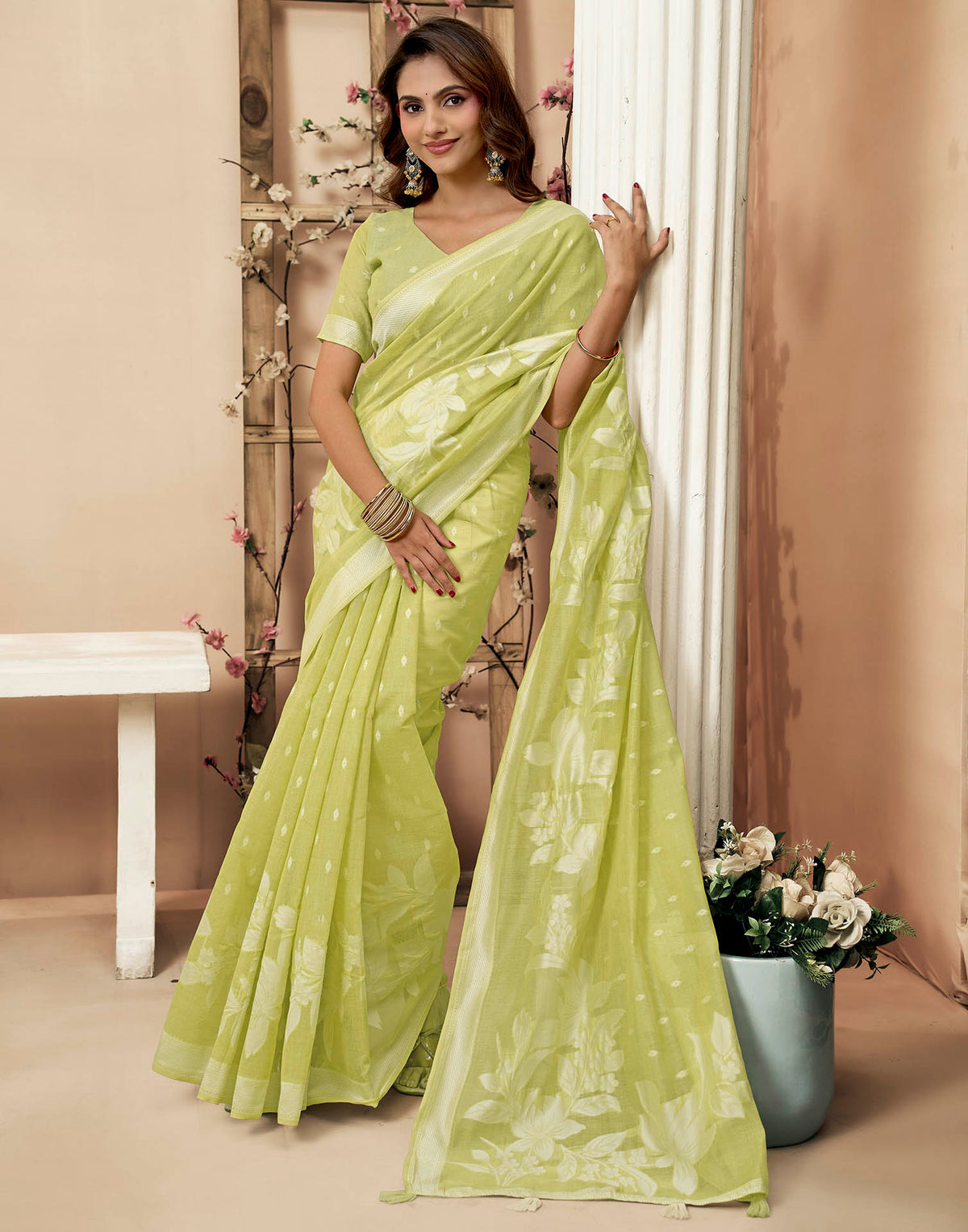 Light Green Cotton Woven Floral Printed Saree