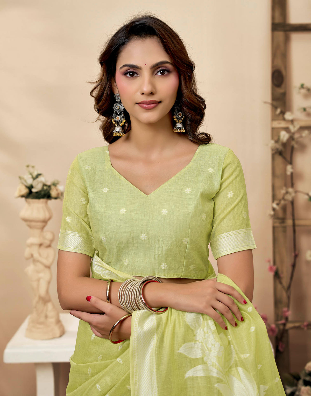 Light Green Cotton Woven Floral Printed Saree