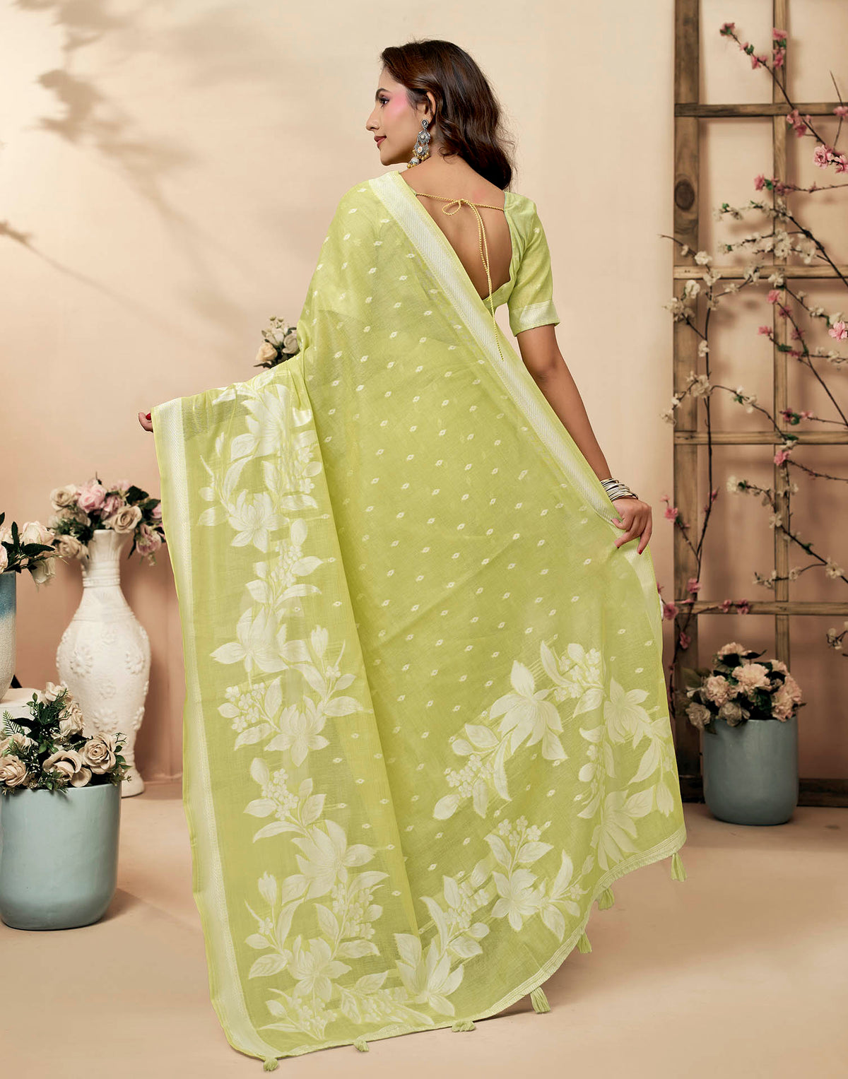 Light Green Cotton Woven Floral Printed Saree