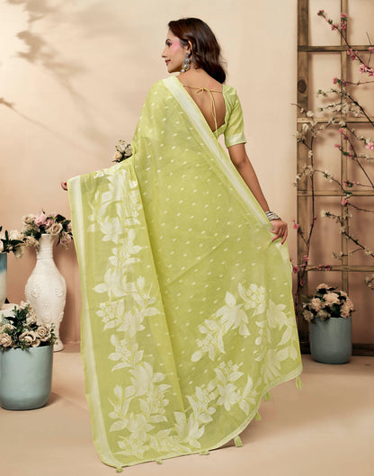 Light Green Cotton Woven Floral Printed Saree