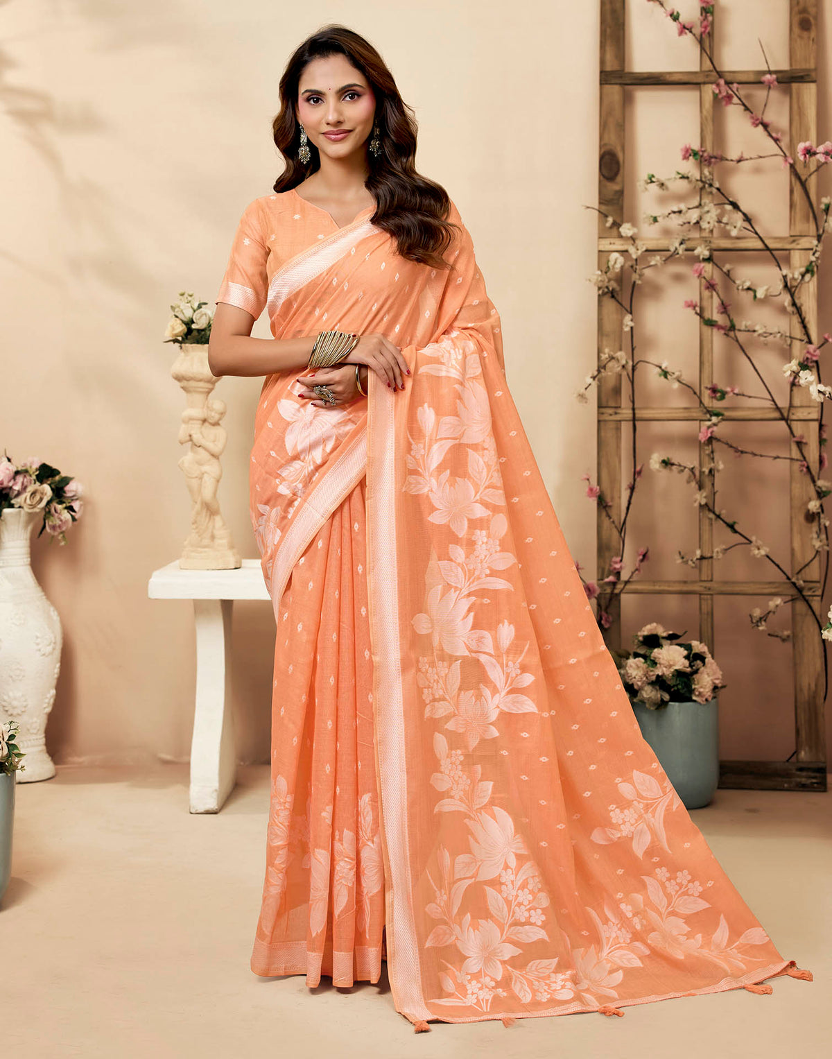 Peach Cotton Woven Floral Printed Saree