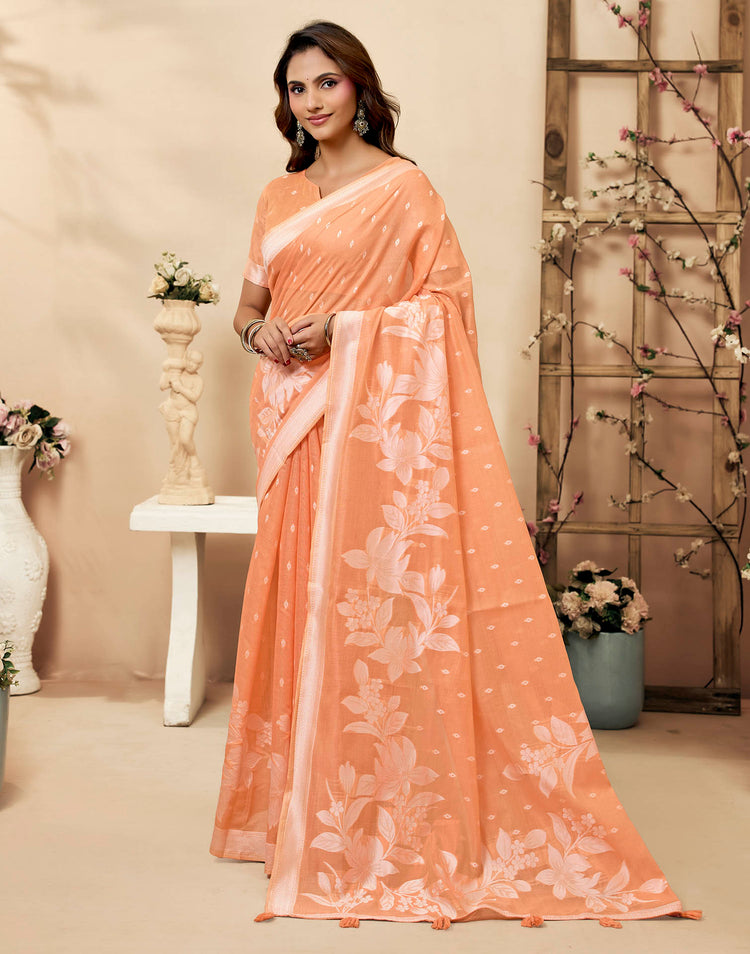 Peach Cotton Woven Floral Printed Saree