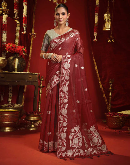 Maroon Cotton Woven Floral Printed Saree