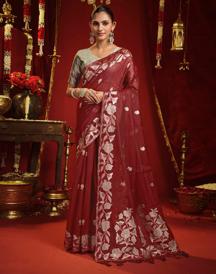 Maroon Cotton Woven Floral Printed Saree