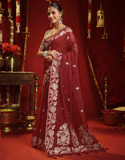 Maroon Cotton Woven Floral Printed Saree