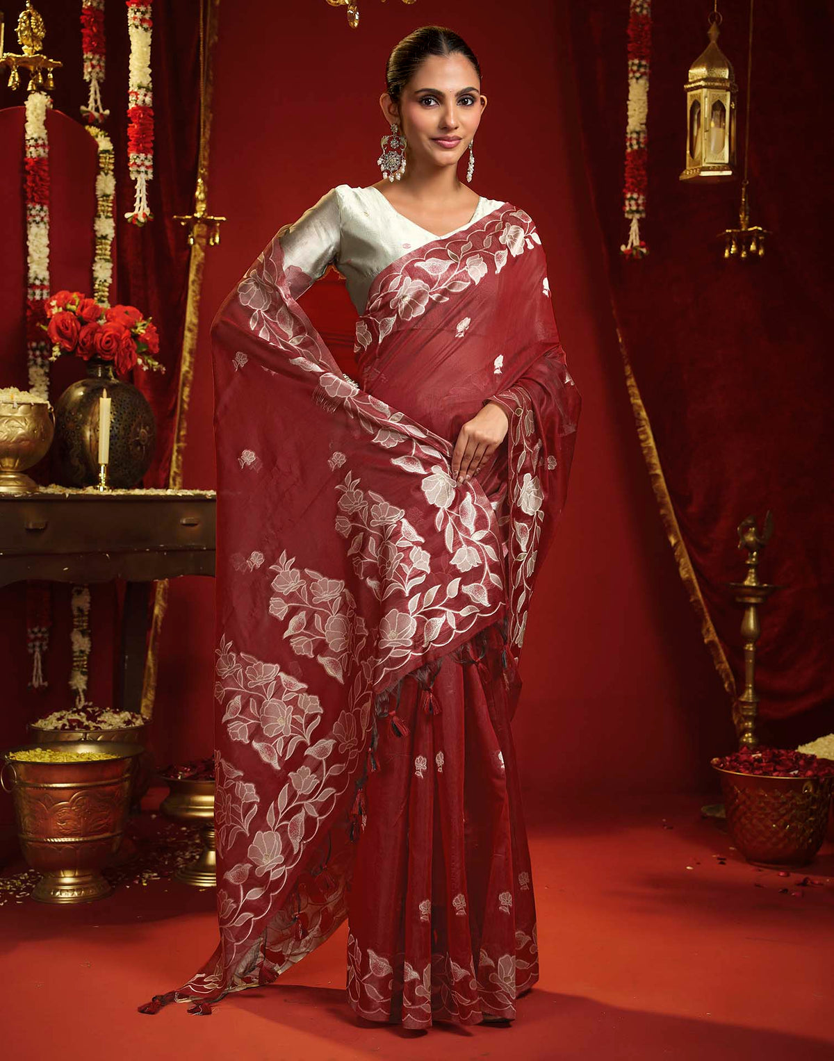 Maroon Cotton Woven Floral Printed Saree