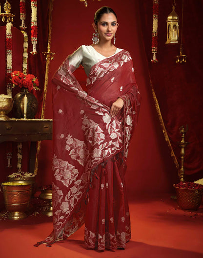 Maroon Cotton Woven Floral Printed Saree