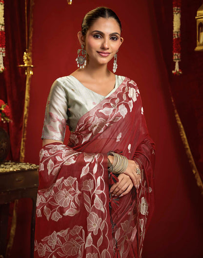 Maroon Cotton Woven Floral Printed Saree