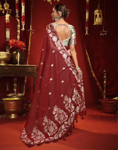 Maroon Cotton Woven Floral Printed Saree