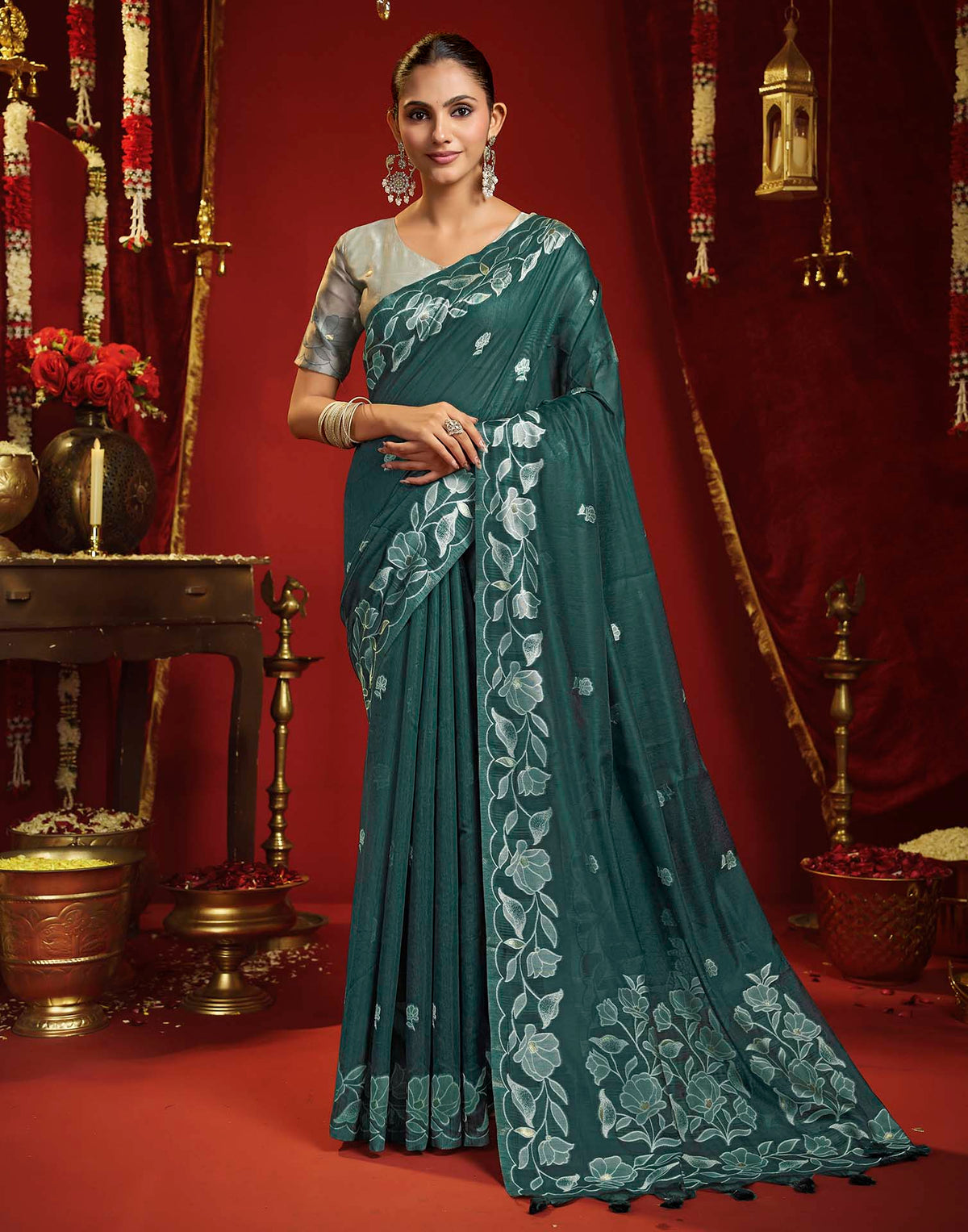 Teal Green Cotton Woven Floral Printed Saree