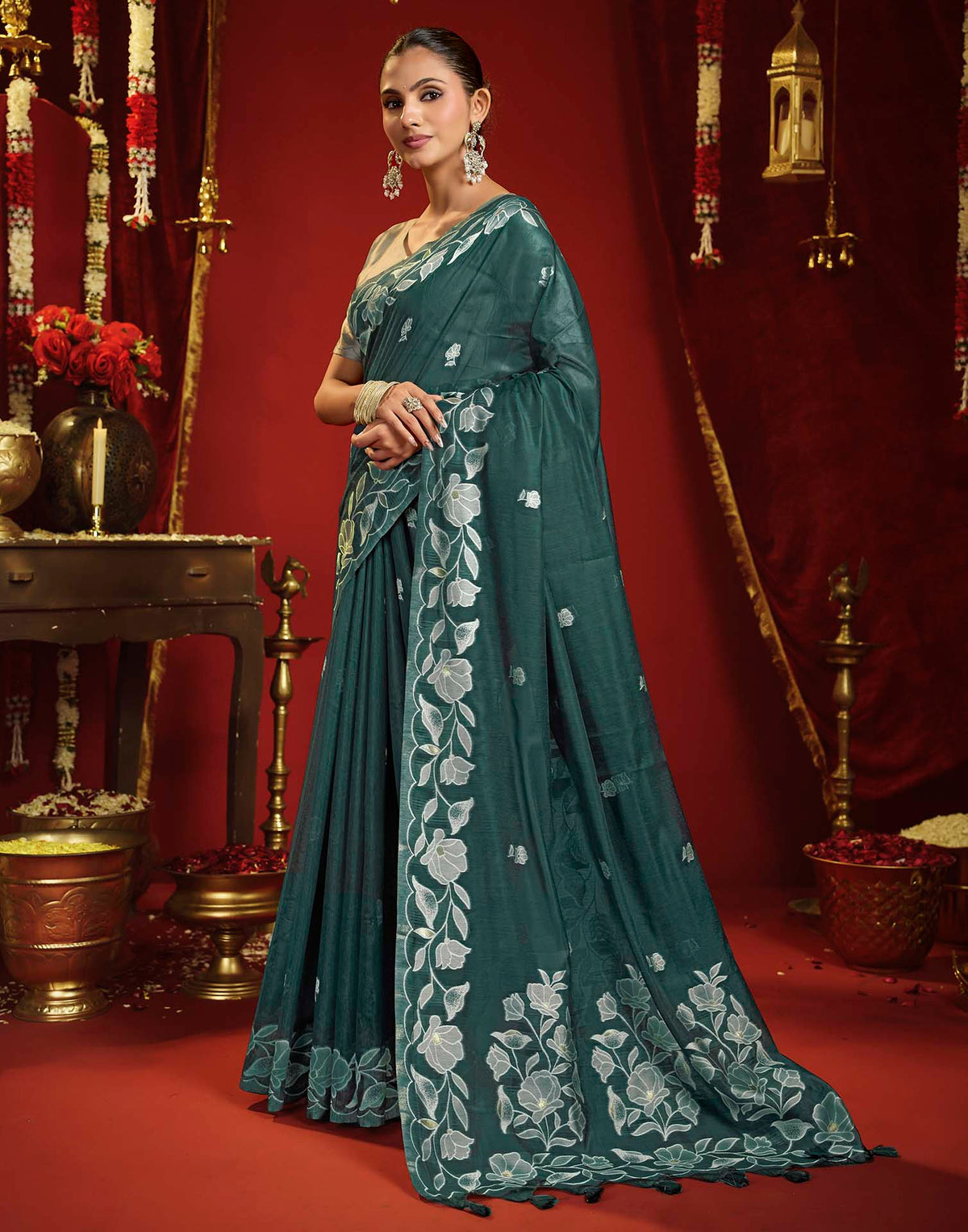 Teal Green Cotton Woven Floral Printed Saree