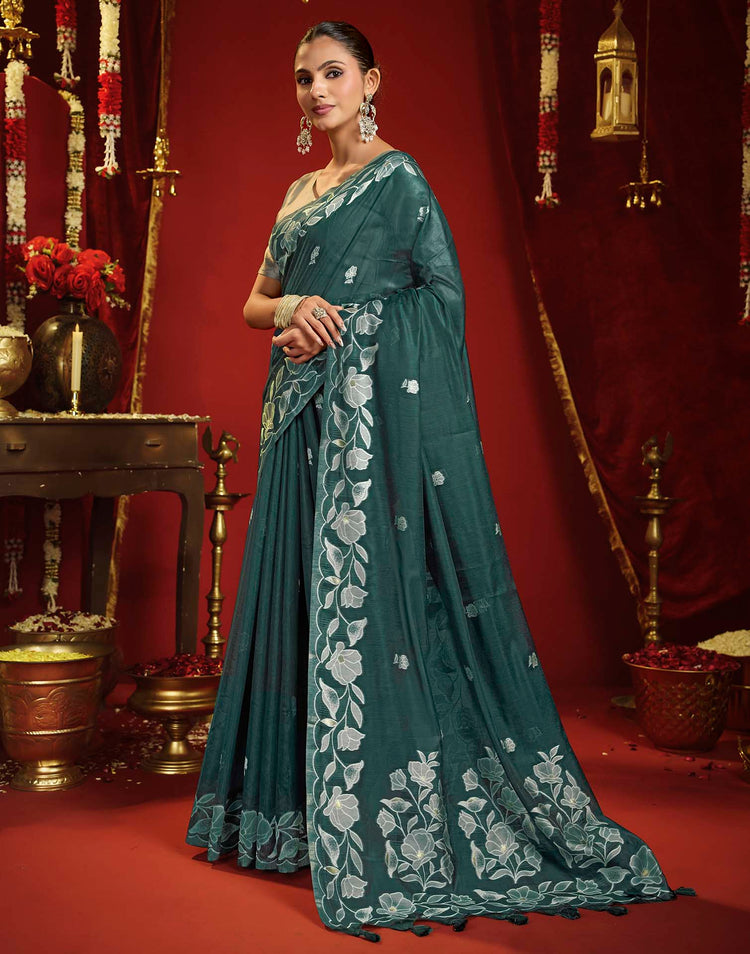 Teal Green Cotton Woven Floral Printed Saree