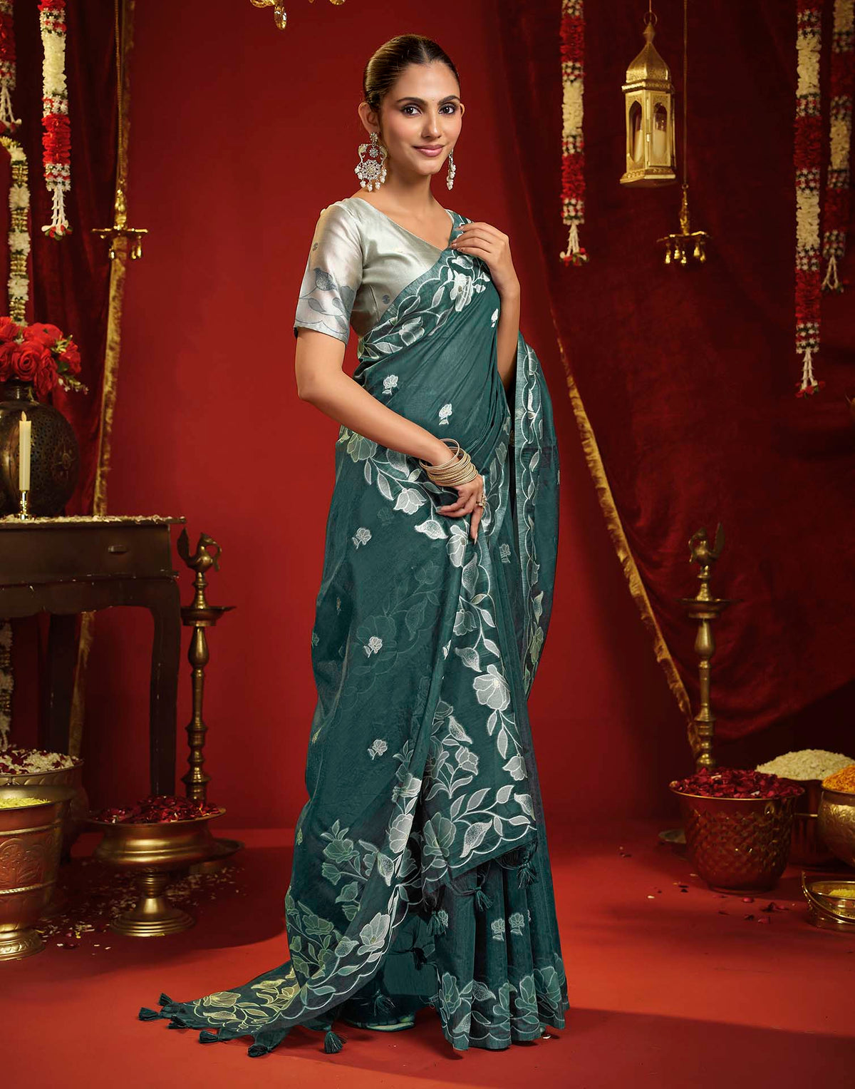 Teal Green Cotton Woven Floral Printed Saree