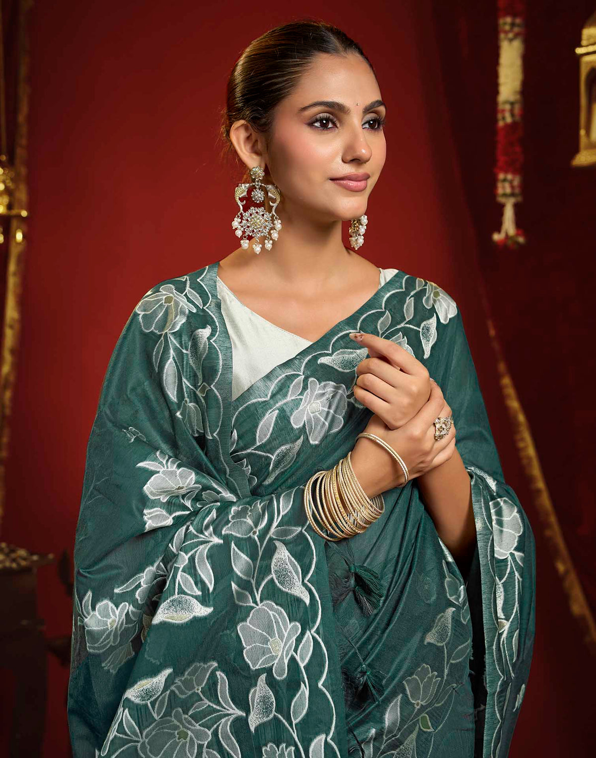 Teal Green Cotton Woven Floral Printed Saree