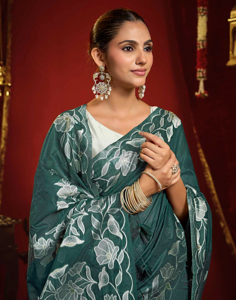Teal Green Cotton Woven Floral Printed Saree