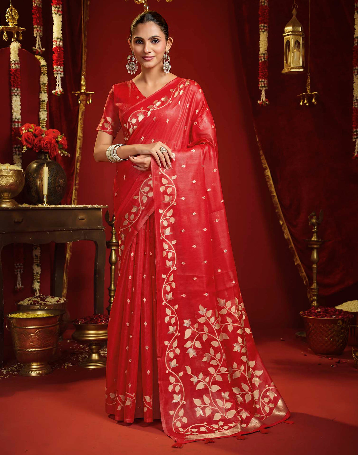 Bright Red Cotton Woven Floral Printed Saree