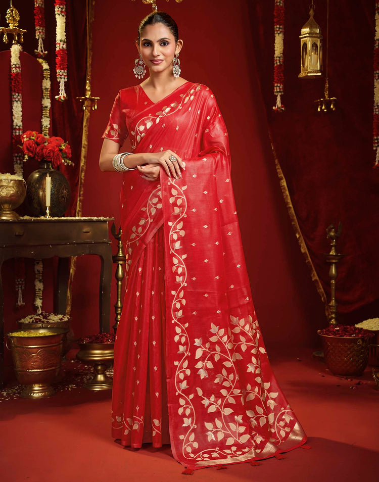 Bright Red Cotton Woven Floral Printed Saree