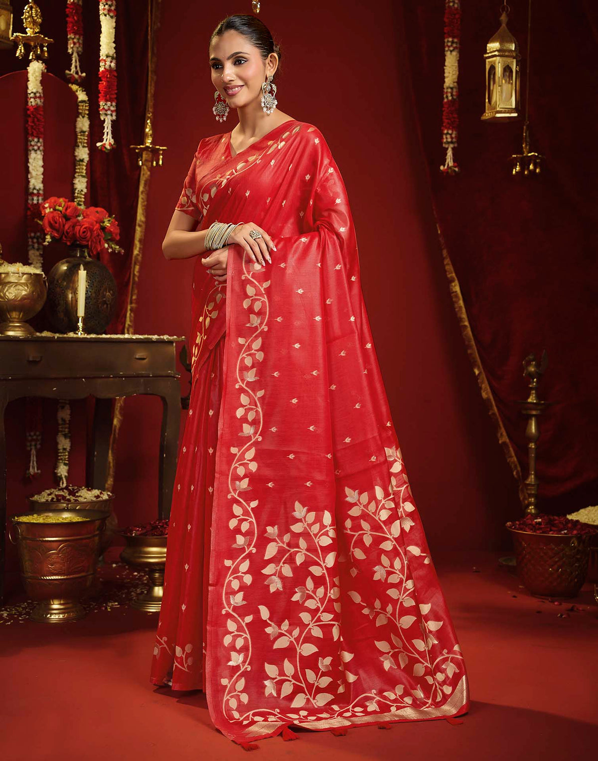 Bright Red Cotton Woven Floral Printed Saree