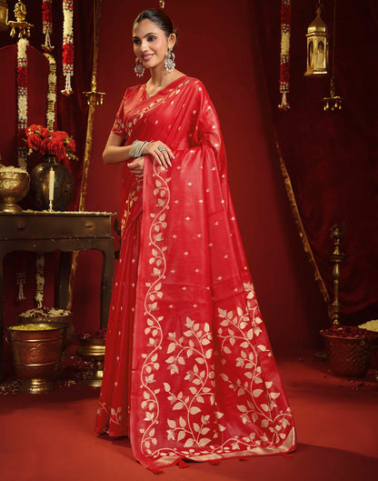 Bright Red Cotton Woven Floral Printed Saree