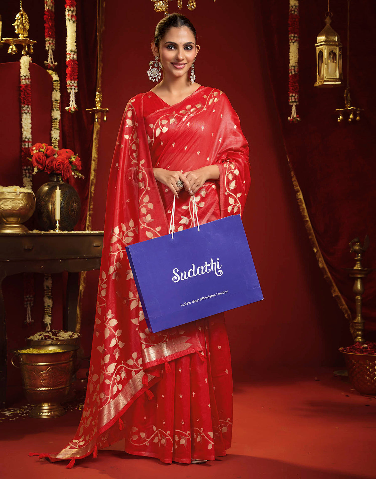 Bright Red Cotton Woven Floral Printed Saree