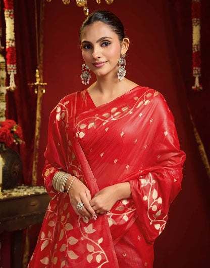 Bright Red Cotton Woven Floral Printed Saree