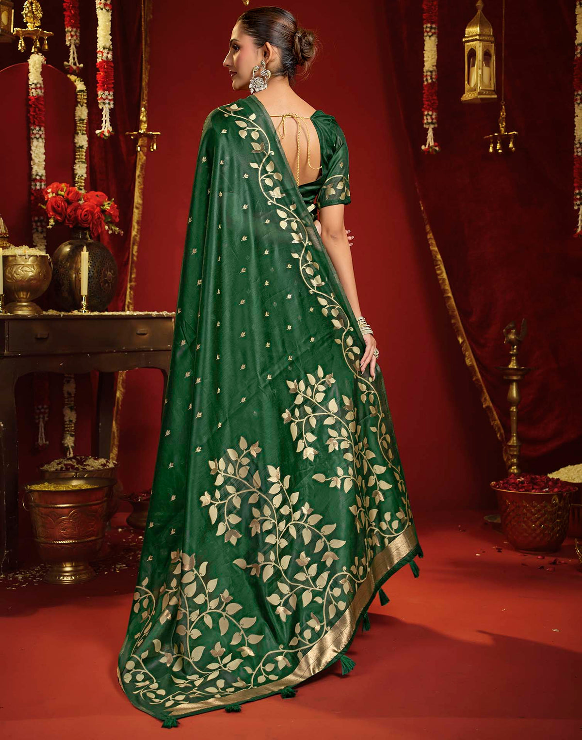 Dark Green Cotton Woven Floral Printed Saree