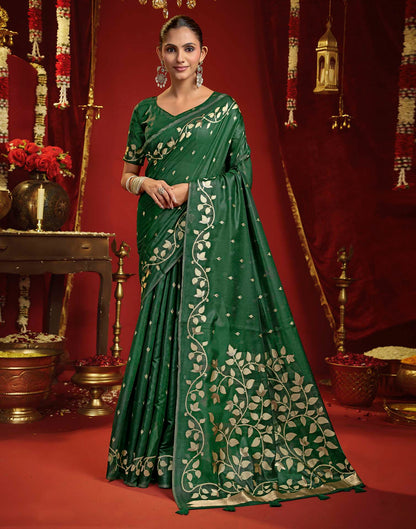 Dark Green Cotton Woven Floral Printed Saree