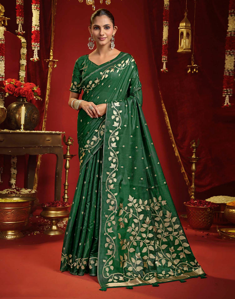 Dark Green Cotton Woven Floral Printed Saree