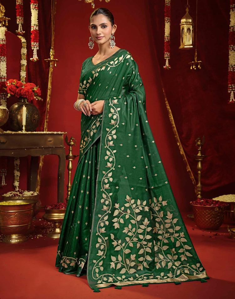 Dark Green Cotton Woven Floral Printed Saree