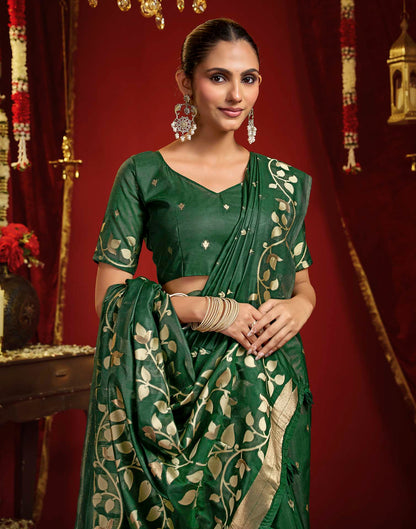 Dark Green Cotton Woven Floral Printed Saree