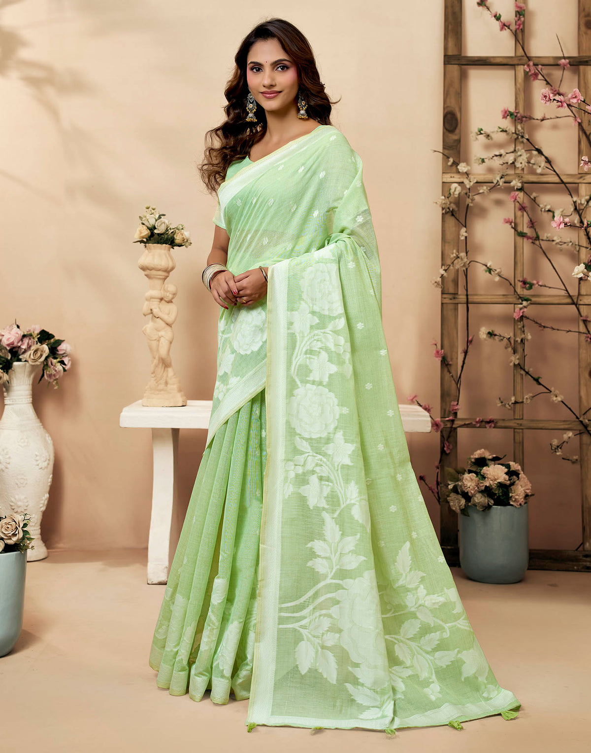 Mint Green Cotton Woven Floral Printed Saree