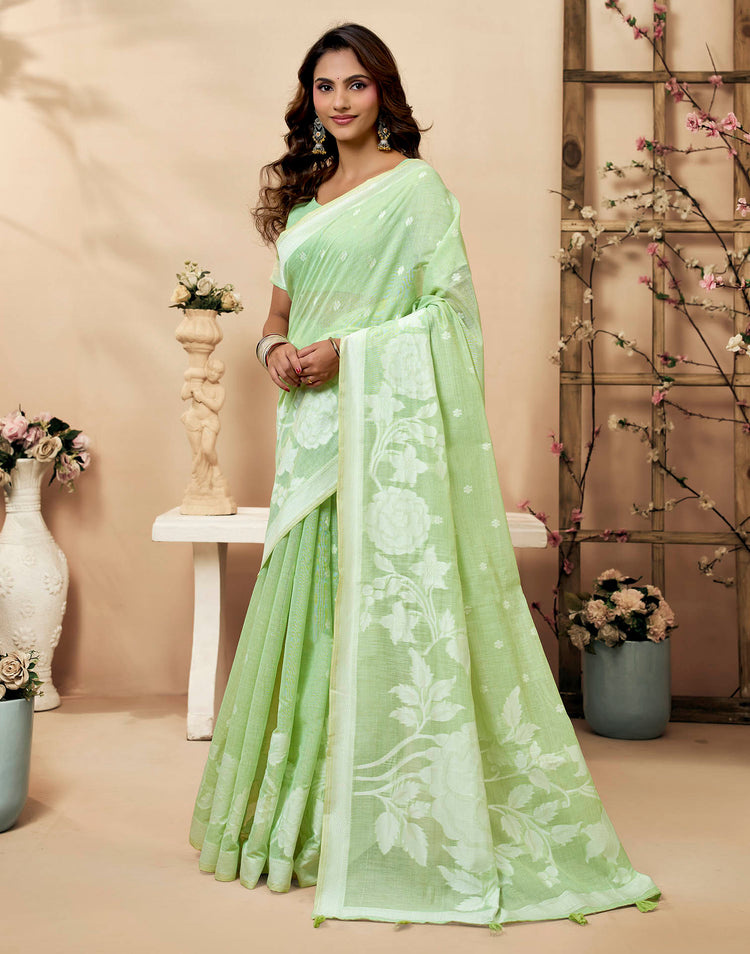 Mint Green Cotton Woven Floral Printed Saree