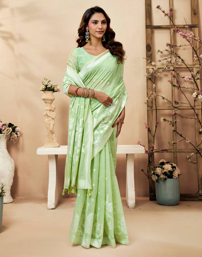 Mint Green Cotton Woven Floral Printed Saree