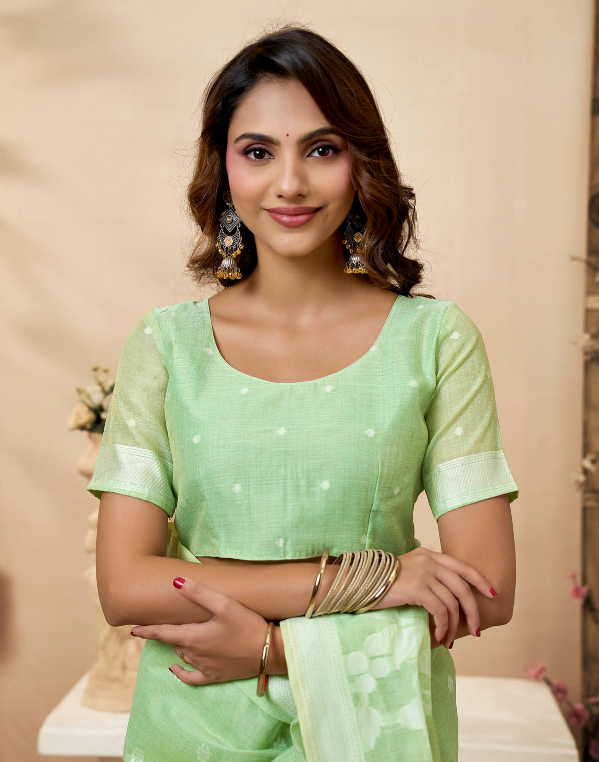 Mint Green Cotton Woven Floral Printed Saree