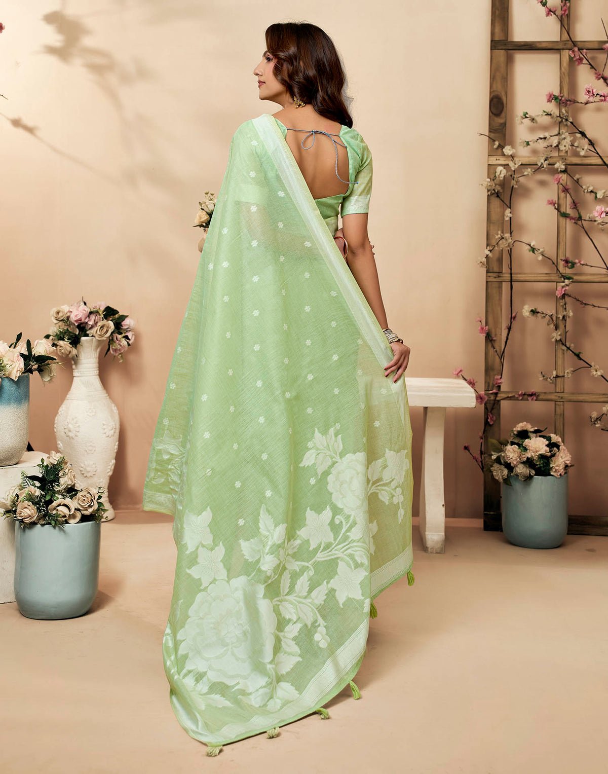 Mint Green Cotton Woven Floral Printed Saree