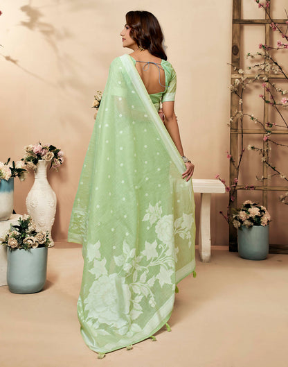 Mint Green Cotton Woven Floral Printed Saree
