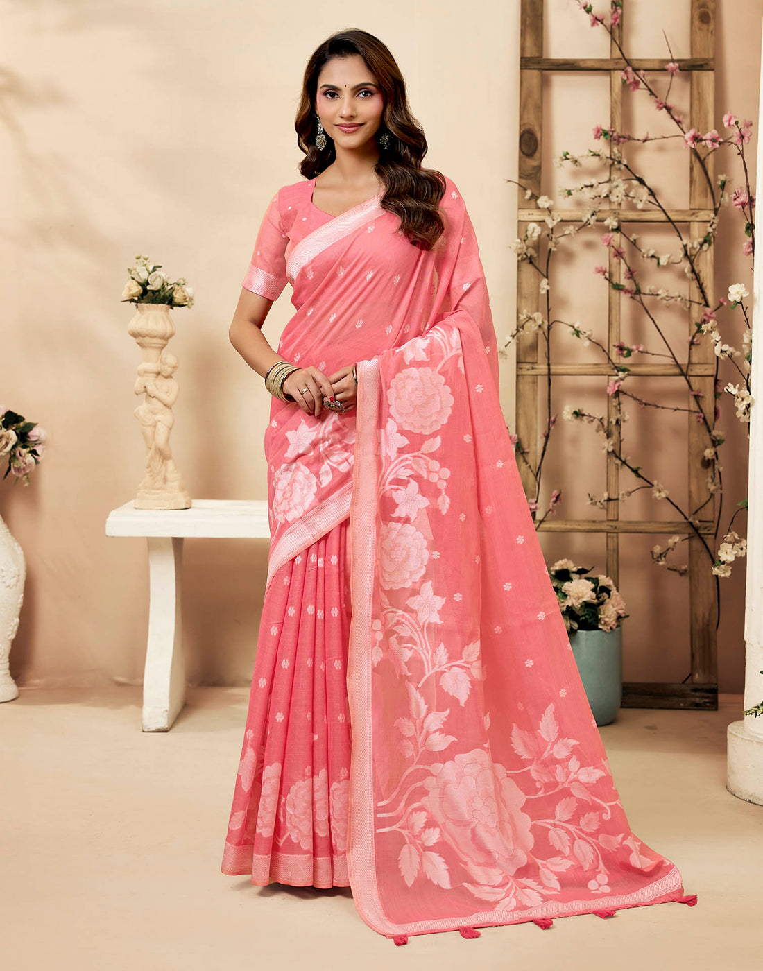 Dusty Rose Pink Cotton Woven Floral Printed Saree