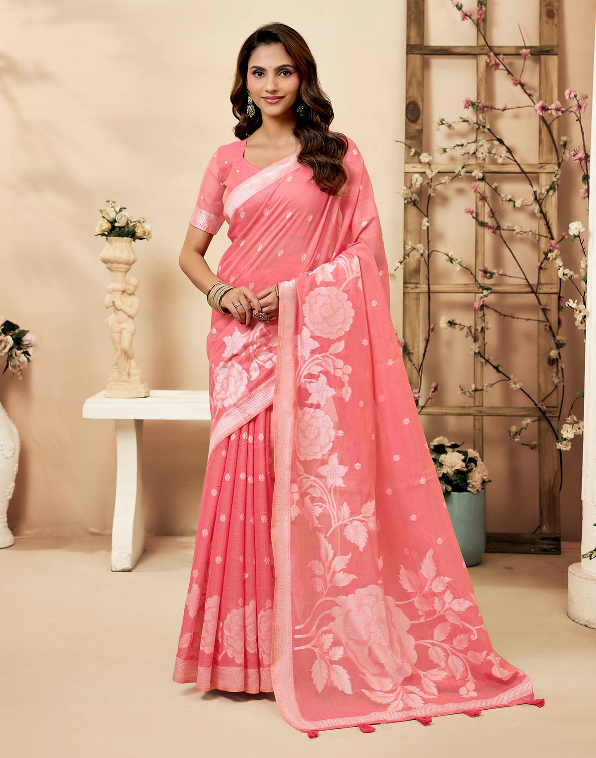 Dusty Rose Pink Cotton Woven Floral Printed Saree