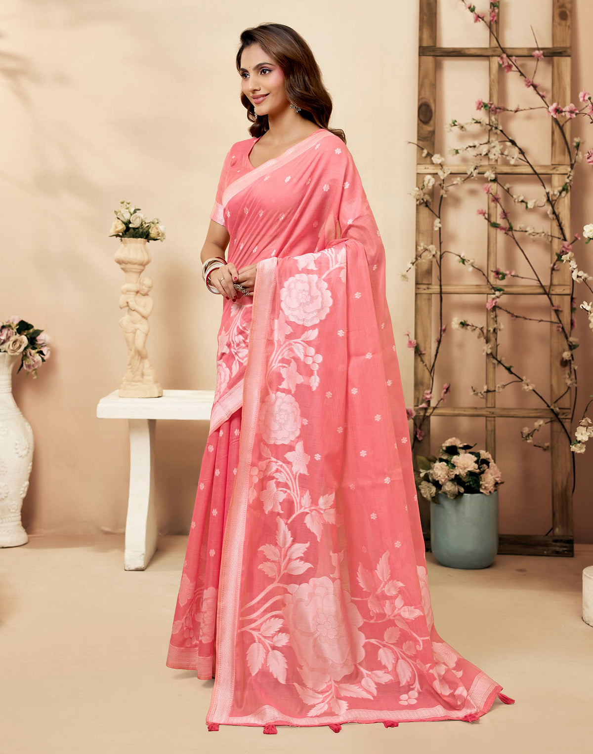 Dusty Rose Pink Cotton Woven Floral Printed Saree