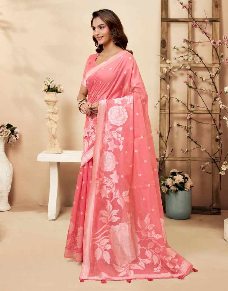 Dusty Rose Pink Cotton Woven Floral Printed Saree