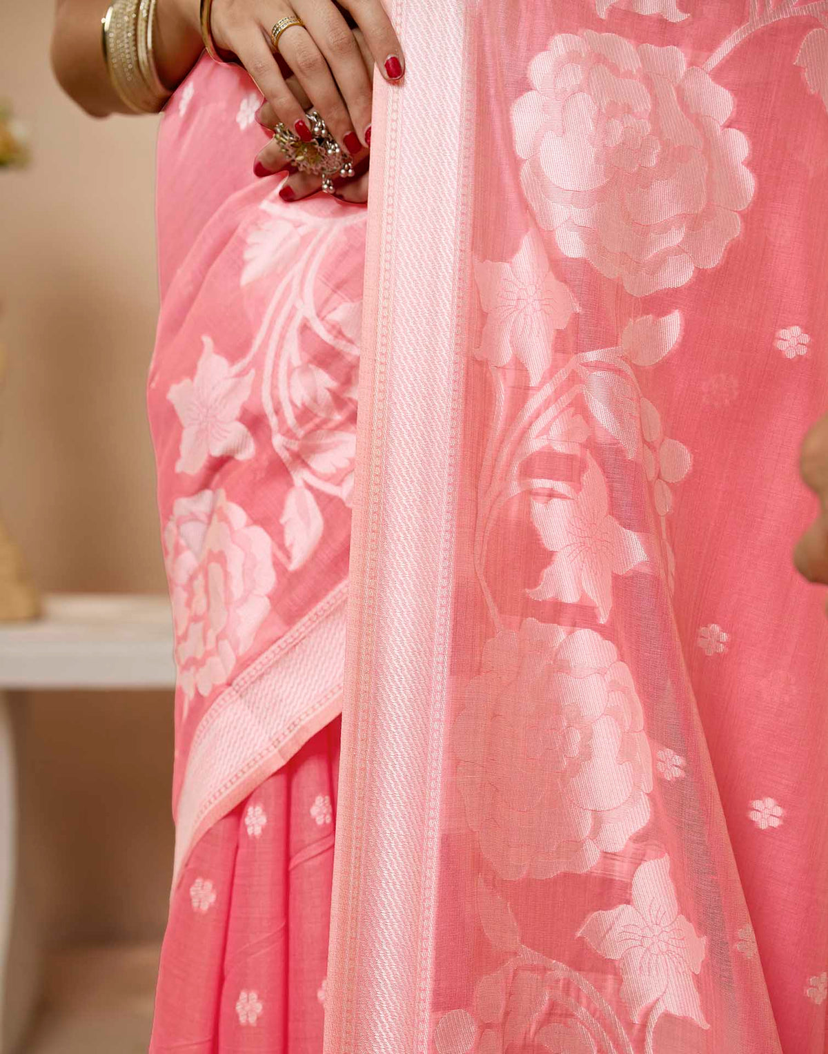 Dusty Rose Pink Cotton Woven Floral Printed Saree