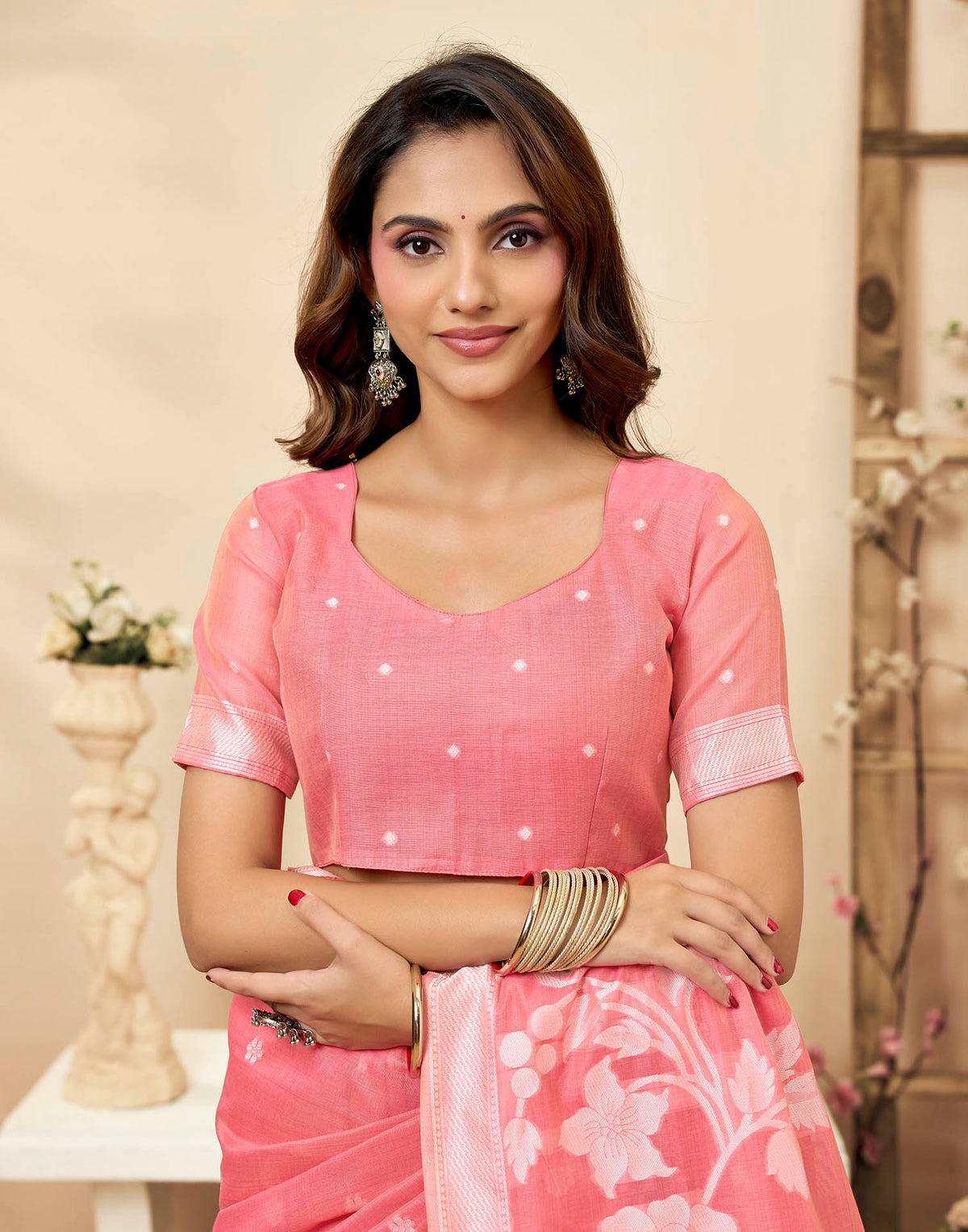Dusty Rose Pink Cotton Woven Floral Printed Saree