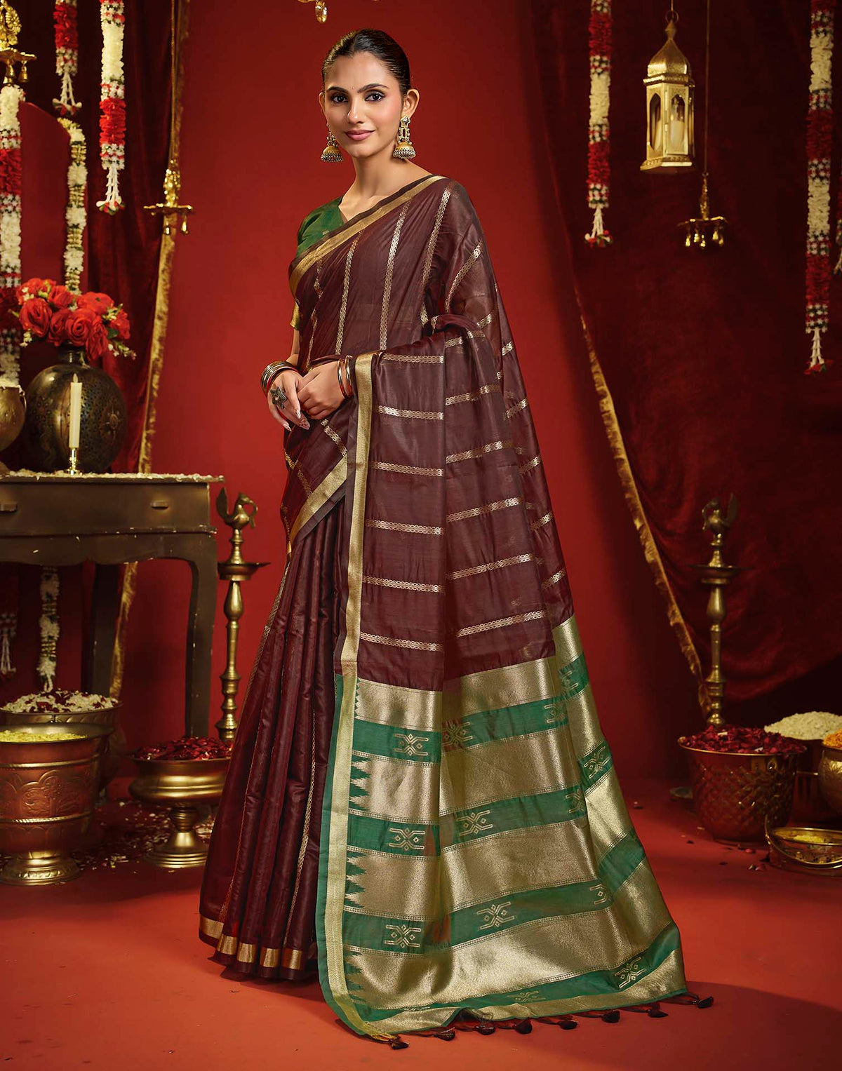 Maroon Cotton Woven Printed Saree