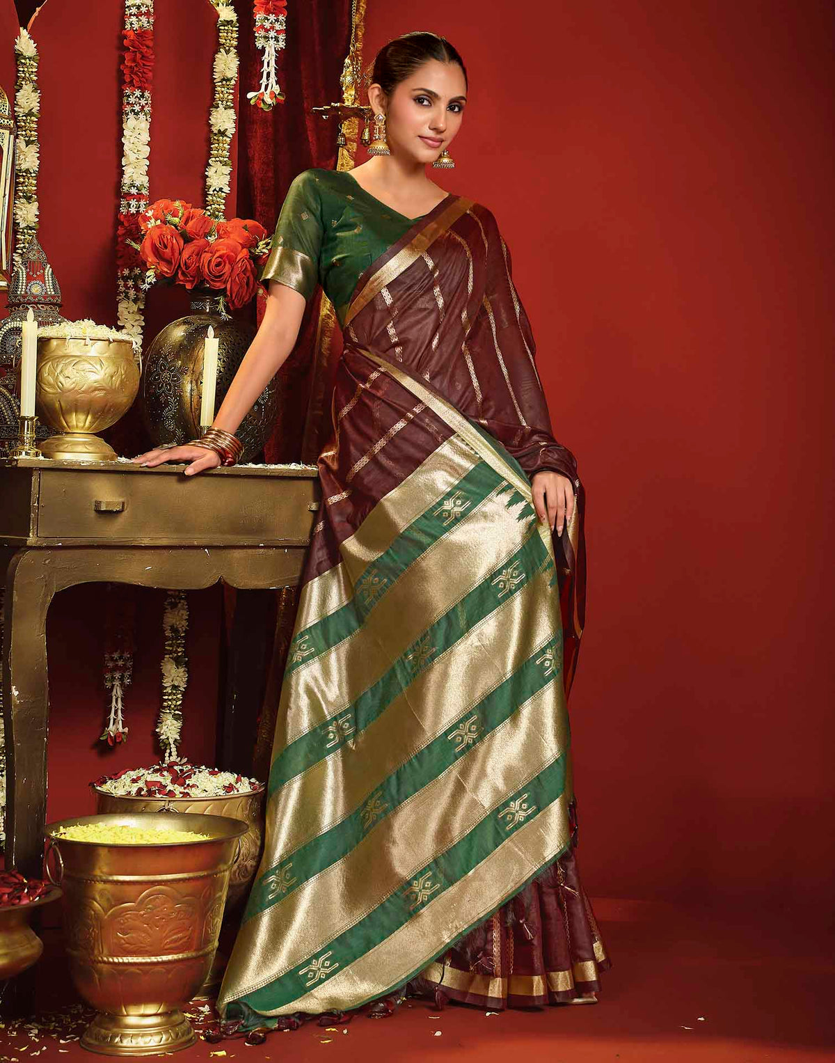 Maroon Cotton Woven Printed Saree