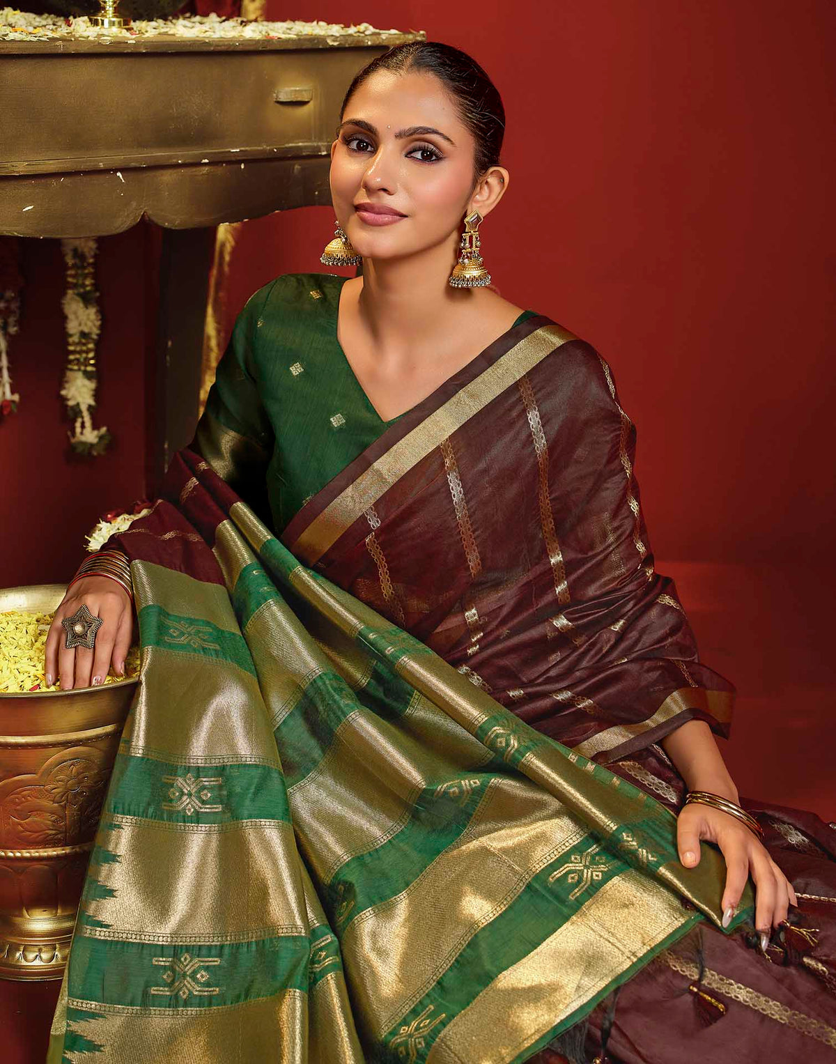 Maroon Cotton Woven Printed Saree