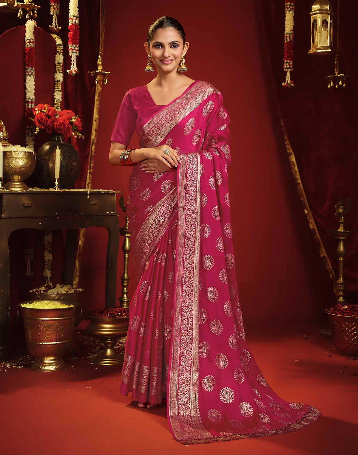 Rani Pink Georgette Foil Printed Saree
