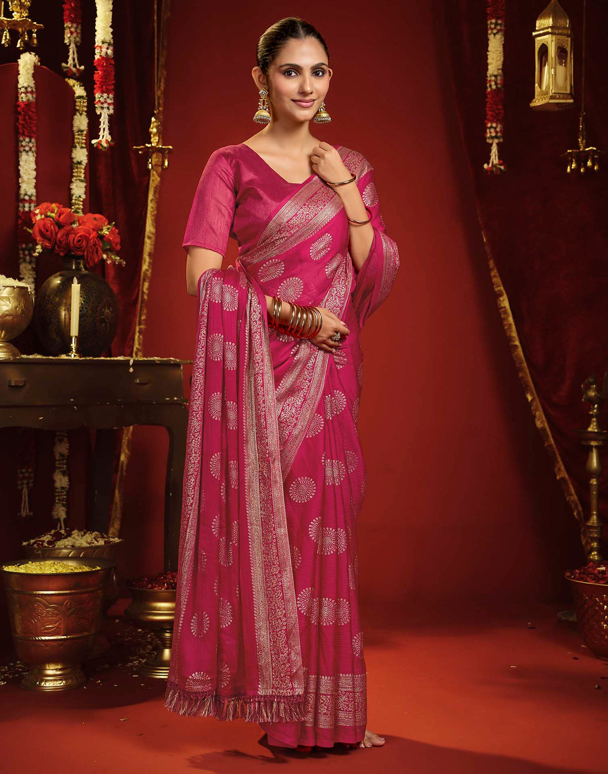 Rani Pink Georgette Foil Printed Saree