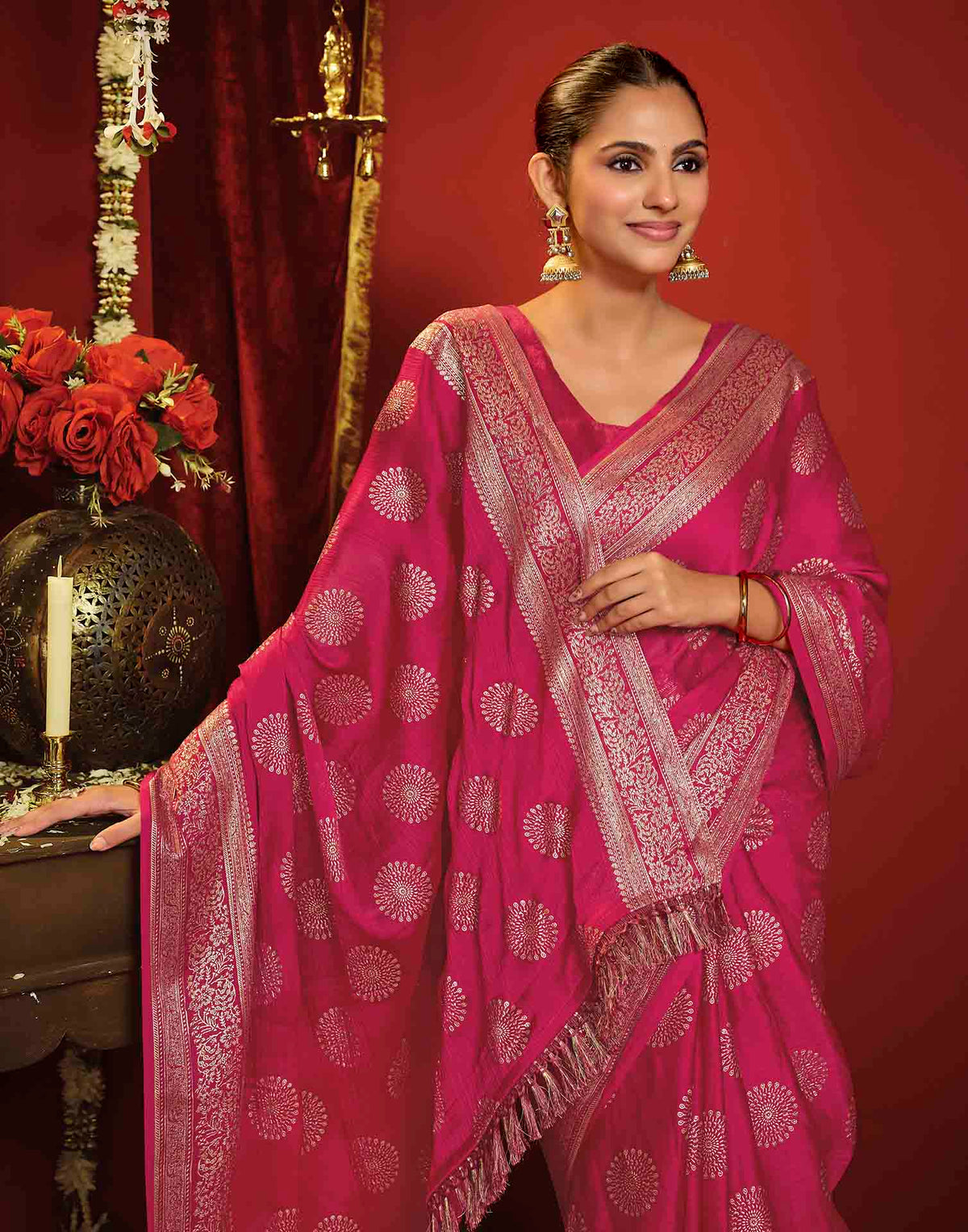 Rani Pink Georgette Foil Printed Saree