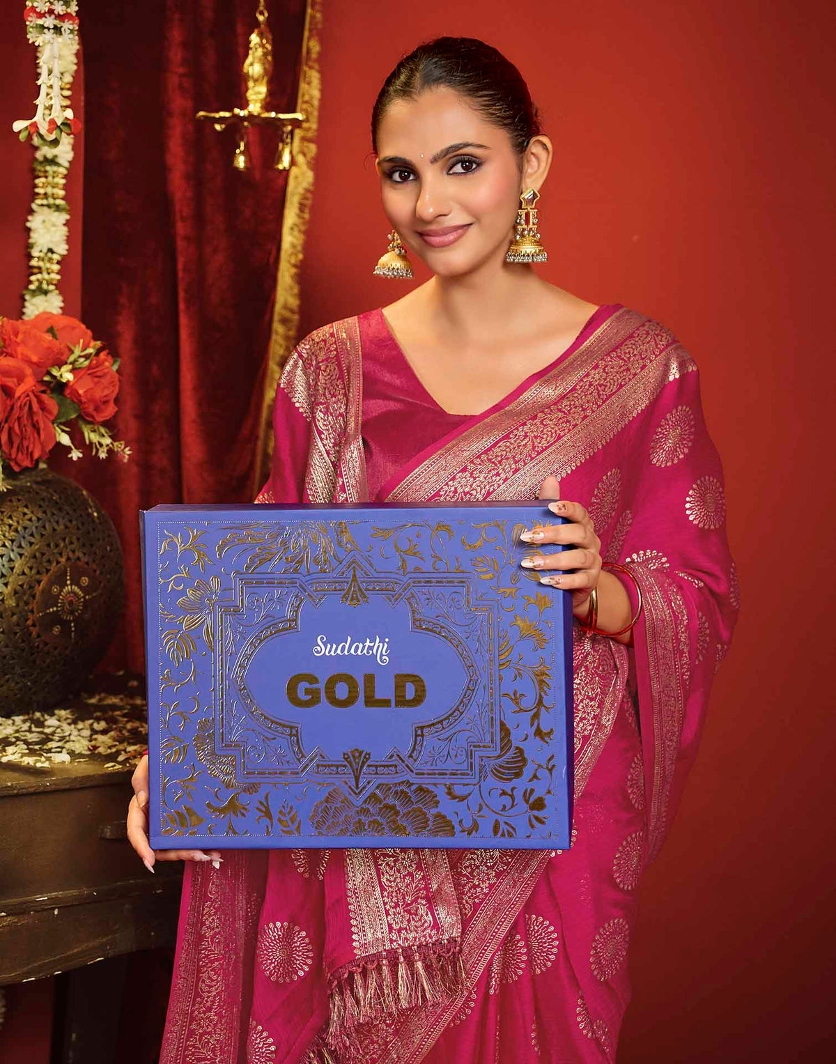 Rani Pink Georgette Foil Printed Saree